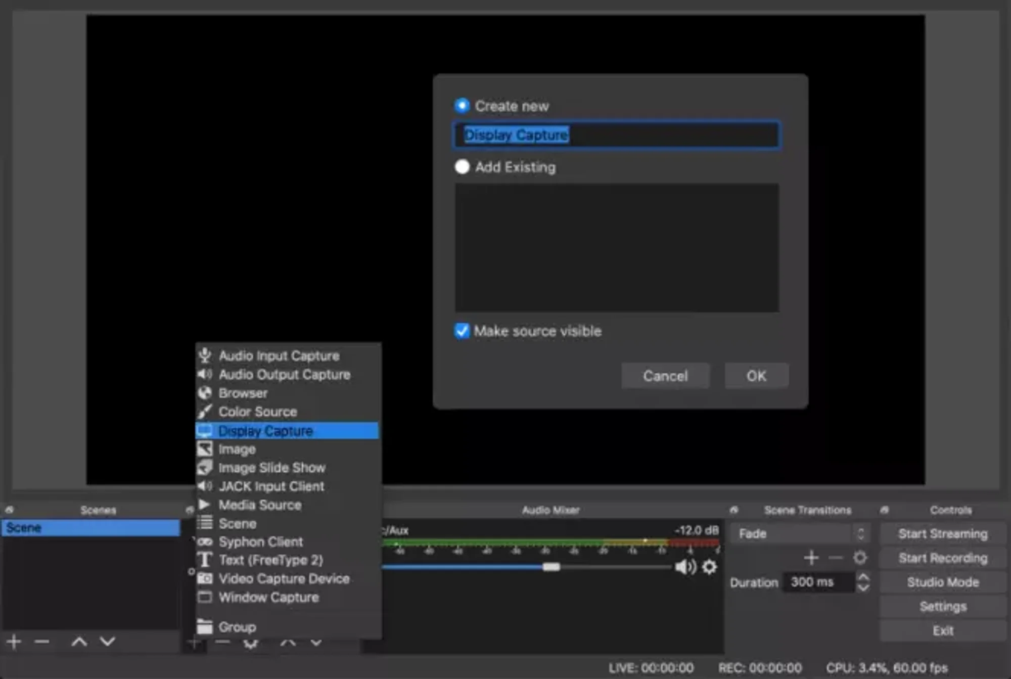 Sections of the OBS Screen Recorder